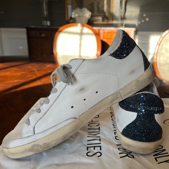 Golden Goose SuperStar sneakers- silver star and glittery navy heel tab Sz 8(38) - Picture 3 of 11